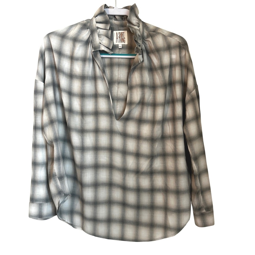 A Shirt Thing Penelope Top Gray Plaid Ruffle Neck Long Sleeve Blouse Size XS/S